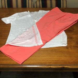 BOGO coral pants and white topper